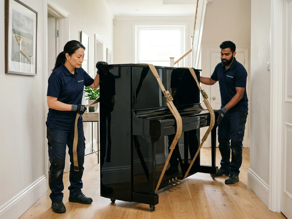 Déménageurs spécialisés manipulant avec soin un piano droit avec des sangles professionnelles sécurisées.