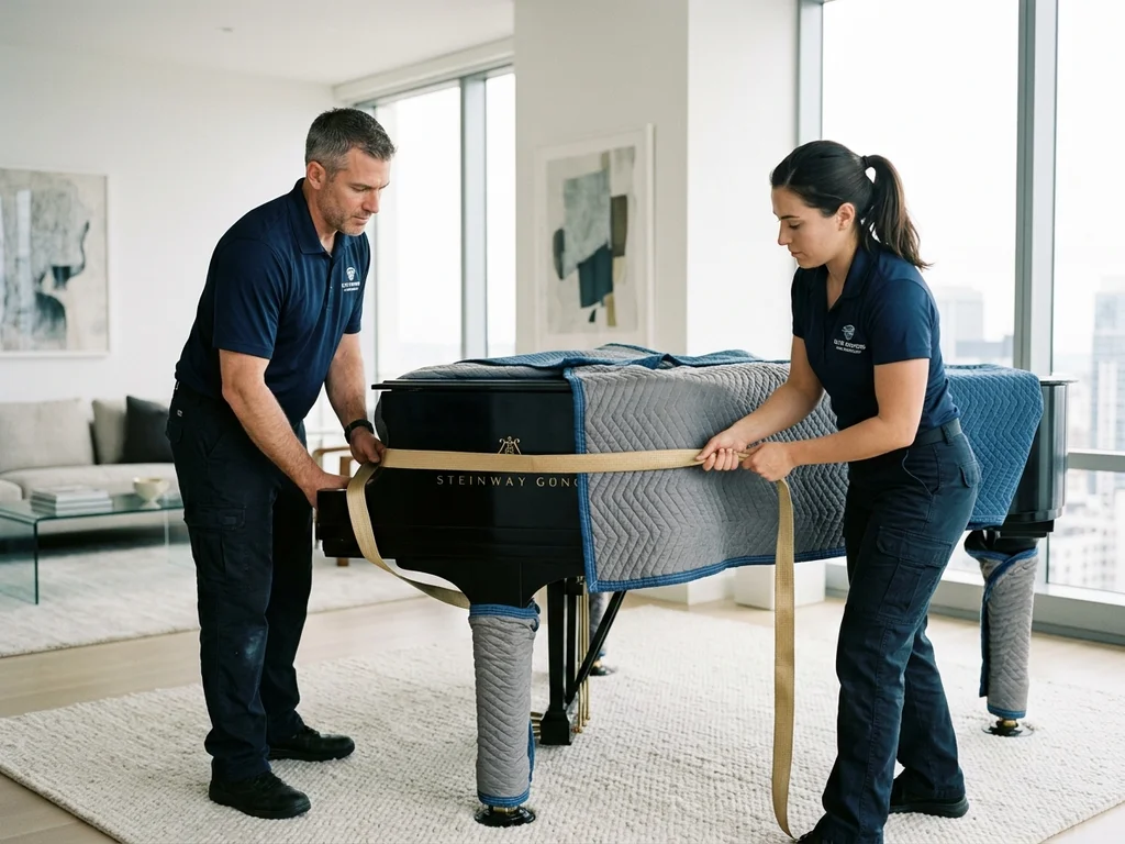 Spécialistes sécurisant un piano à queue avec des protections robustes pour un transport serein.