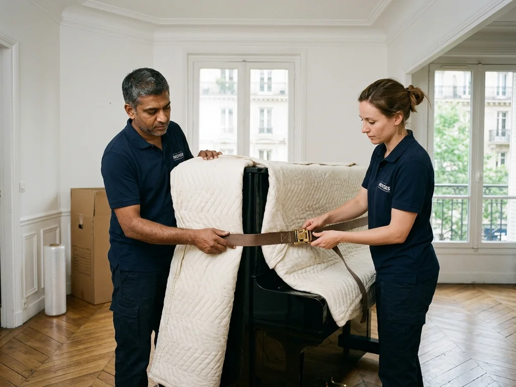 Emballage professionnel d'un piano garantissant une protection totale et un service transparent sans frais cachés.