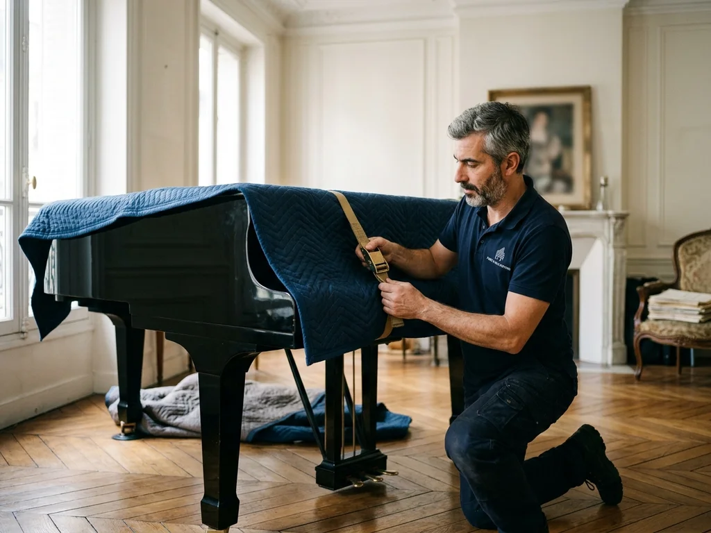 Expert protégeant soigneusement un piano à queue avec des couvertures épaisses pour un transport sécurisé.