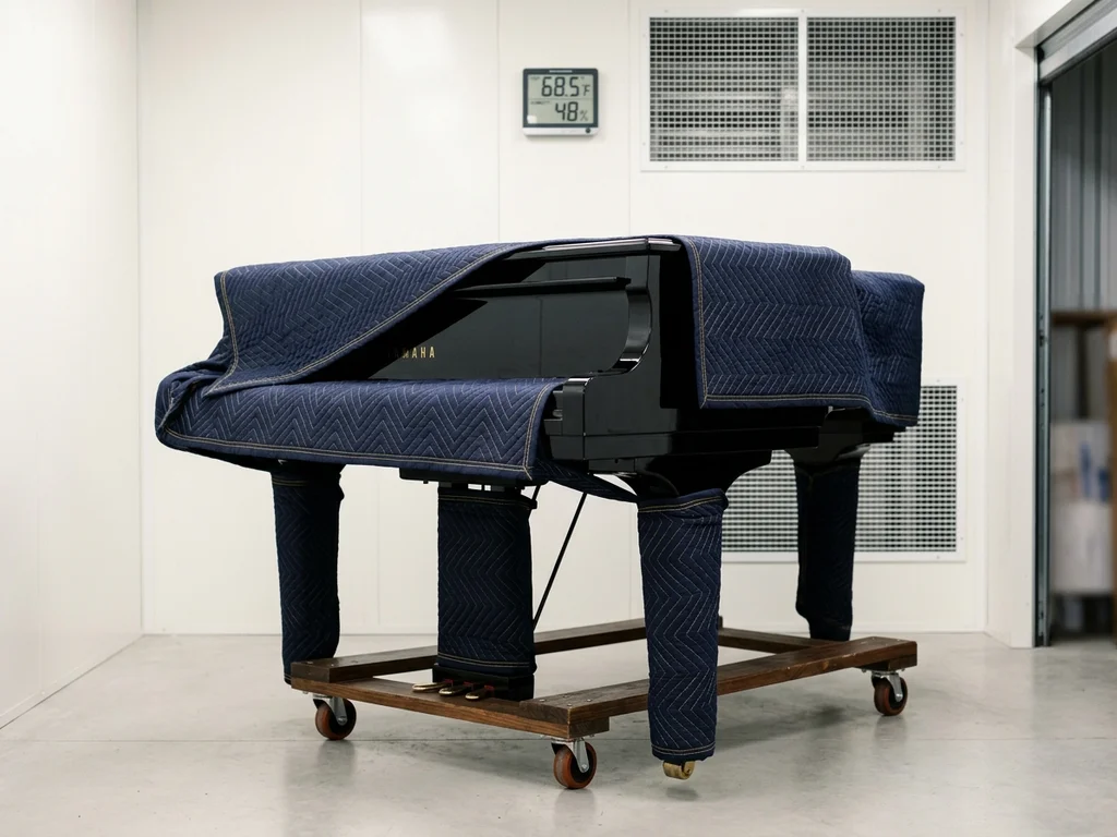 Piano à queue protégé dans un garde-meuble climatisé et sécurisé à hygrométrie contrôlée.