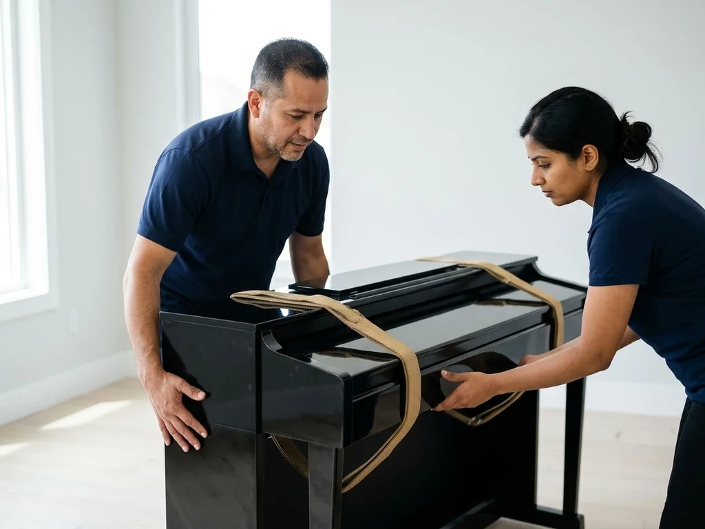Déménageurs spécialisés manipulant un piano avec des sangles dorées pour une sécurité optimale.