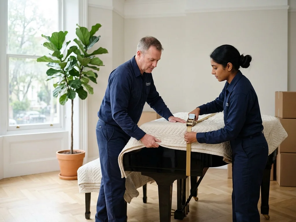 Manutentionnaires experts protégeant méticuleusement un piano à queue avec des sangles et protections spécialisées.