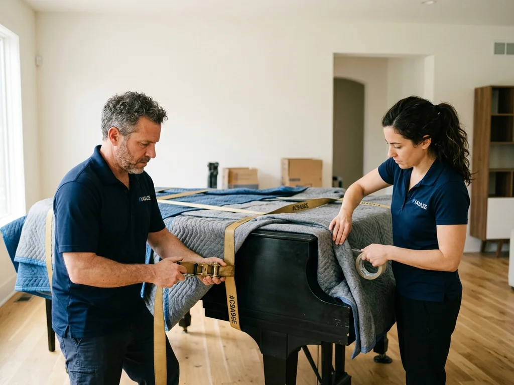Manutentionnaires sécurisant un piano avec des sangles robustes, garantissant une protection et une assurance totales.