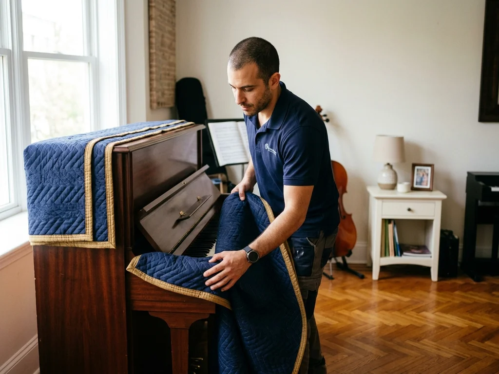 Technicien préparant un piano protégé pour l'inventaire photographique nécessaire avant un déménagement sécurisé.