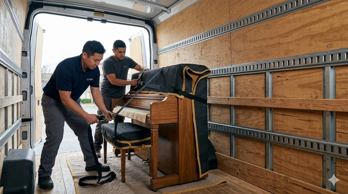 Technicien expert Octave préparant un piano avec des équipements spécialisés de manutention.